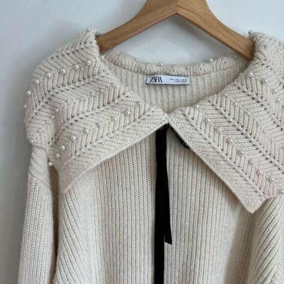 Zara Womens Large Beaded Embellished Collar Pullover Sweater Ecru Cream Twee Tie - Picture 10 of 10